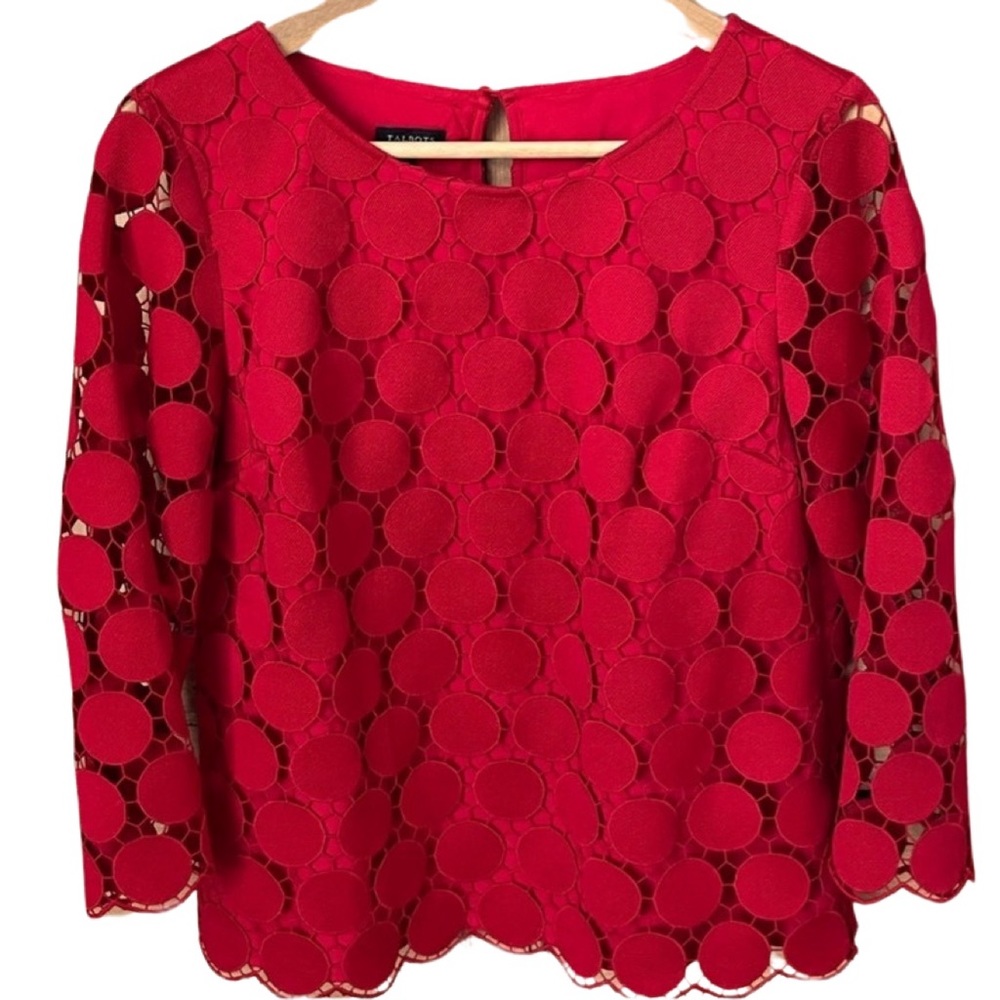 Talbots Red Crochet Embroidered Design Knit Top